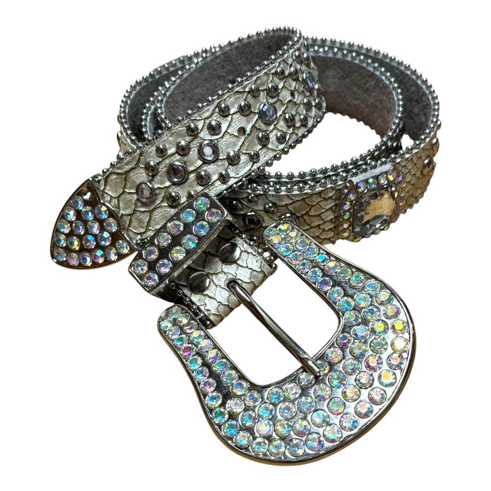 Jeweled Rhinestone Studded Genuine Leather Western Belt Snake Reptile Cream Lg